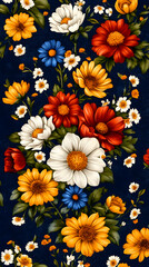 Colorful floral bouquet, dark background, textile print