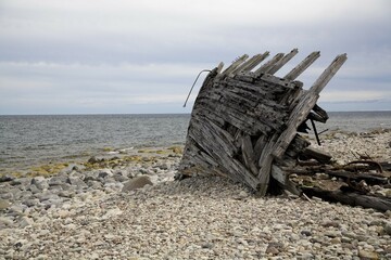 Boat wreck at the beach of Trollskogen, Oeland, Sweden, Europe