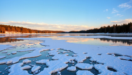 Frozen lake with ice patches under blue sky, Spring Thaw Theme