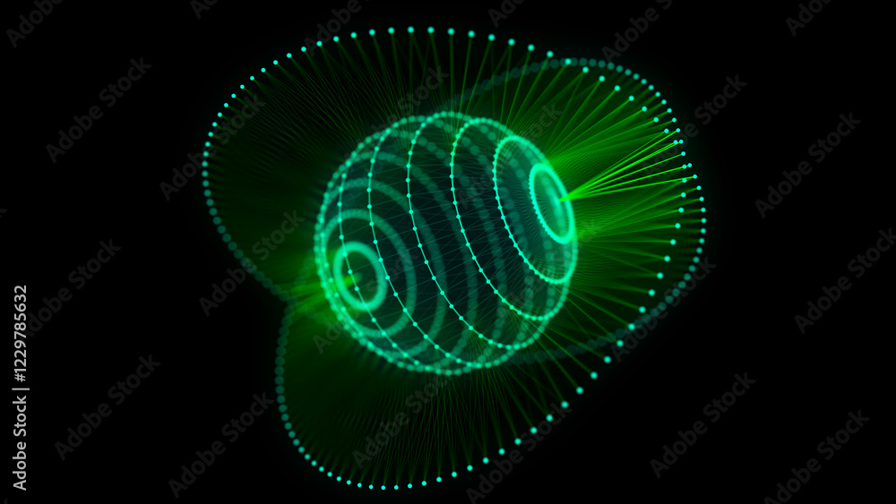 Fototapete Abstract green sphere with connecting dots and lines. Wireframe technology sphere with explosion effect. Big data visualization. 3d rendering.