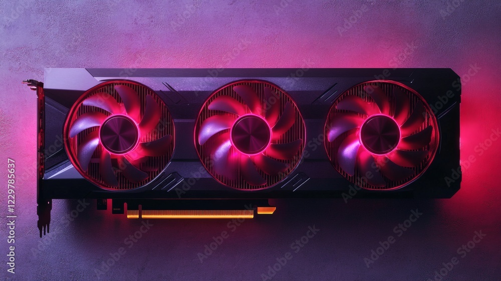 Poster topdown view of highresolution graphics card with three cooling fans surrounded by sleek black casin