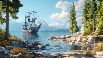 Serene Mountain Lake with Historic Sailboat