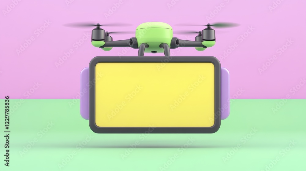 Poster light green drone carrying a blank yellow rectangle on a pastel pink and green background. minimalis