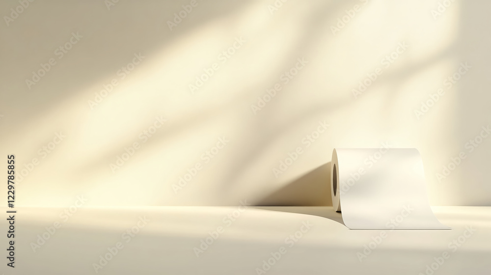 Poster single roll of toilet paper unrolling slightly on smooth surface, illuminated by soft natural light,
