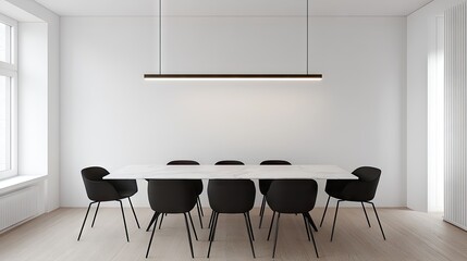 Fototapeta premium A contemporary dining setup featuring sleek black chairs and a white marble table.