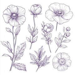 Exquisite Set of Detailed Flower Sketches for Graphic Design Projects