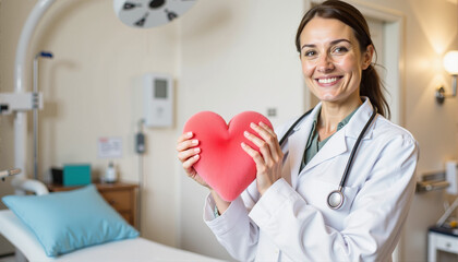 Smiling doctor holding heart symbol in medical office, World Health Day