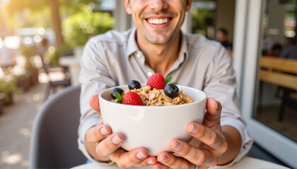 Smiling man holding a bowl of granola with berries in a cafe, World Health Day