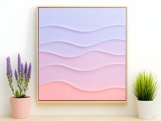 Abstract wave art on wall, plants. Home decor