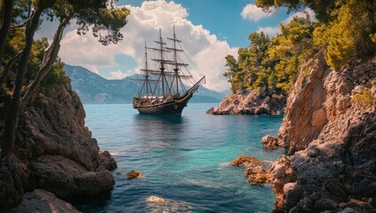 Majestic Sailing Ship in a Secluded Cove