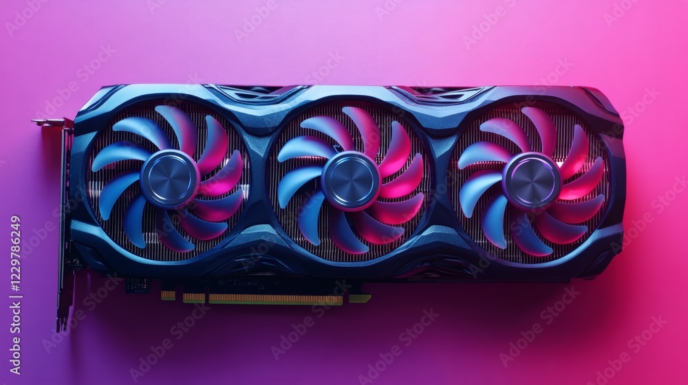 Poster topdown view of highresolution graphics card with three cooling fans surrounded by sleek black casin