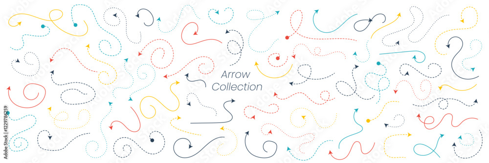 Poster color vector arrow collection. set of simple lines hand drawn black arrows in various style.
