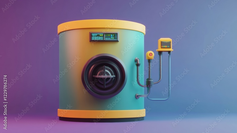 Poster teal and yellow cylindrical 3d rendered machine with digital display and attached monitor against pu