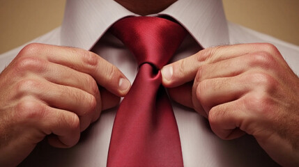 Hands adjusting a red tie before a formal event in a well-lit indoor setting