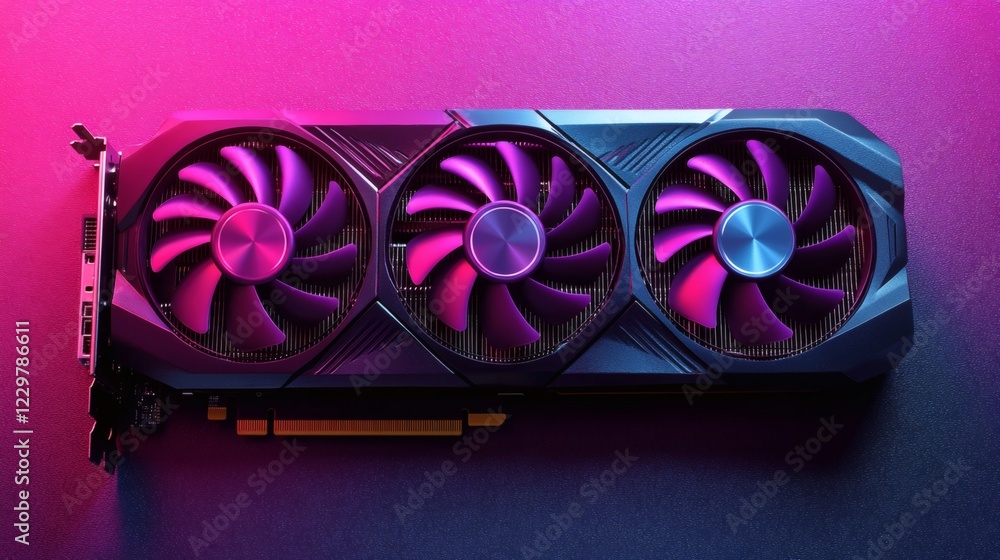 Poster topdown view of highresolution graphics card with three cooling fans surrounded by sleek black casin