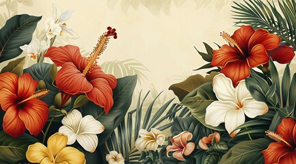 Botanical illustration with tropical hibiscus and frangipani flowers amid lush greenery, ai generated, AI generated