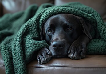 Calm Black Labrador Retriever Snuggled in Cozy Green Blanket on Soft Brown Couch, Displaying Relaxed Expression and Warmth in Living Room Setting