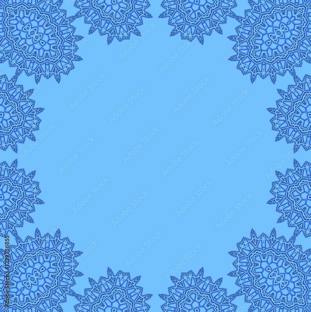 Poster blue background with abstract ornate frame and space for text