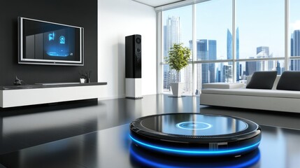 A contemporary living room featuring a smart assistant embedded in a coffee table.
