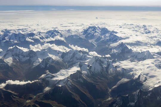 Aerial view of the Valais Alps with Mt Matterhorn and the summit Dufourspitze of Monte Rosa, Valais Alps, Switzerland, Europe