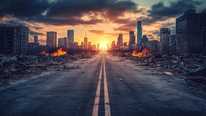 Fototapeta premium Post-Apocalyptic Cityscape: A Desolate Sunset