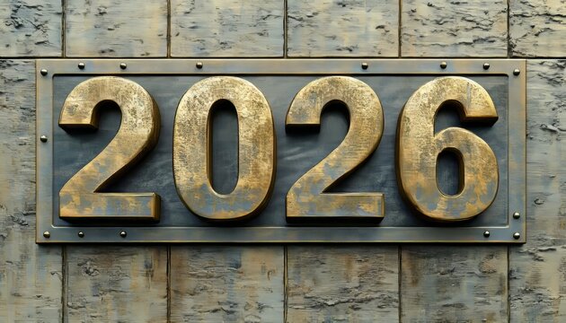 Rusty Metal Number 2026 Against Weathered, Grunge Background, Industrial Design Concept