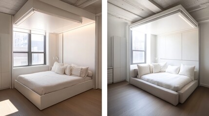 A convertible bed that transforms into a sofa in a tiny minimalist studio.
