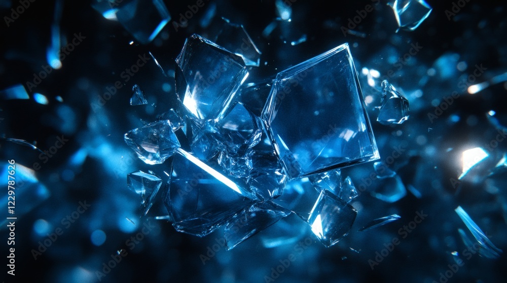 Poster translucent blue glass shards scattered randomly across dark background creating an abstract design 