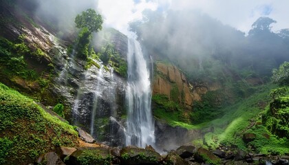 Waterfall cascading down mossy rocks in tropical rainforest