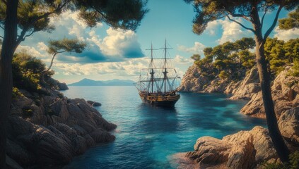 Ancient Galleon in a Secluded Cove: A Serene Coastal Escape