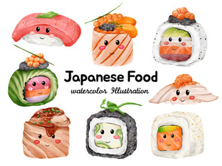 Watercolor Japanese Food Clipart - Cute Kawaii Sushi Set with Maki, Nigiri, and Sashimi Rolls