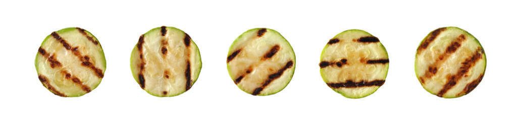 Grilled zucchini slices isolated set on white background   