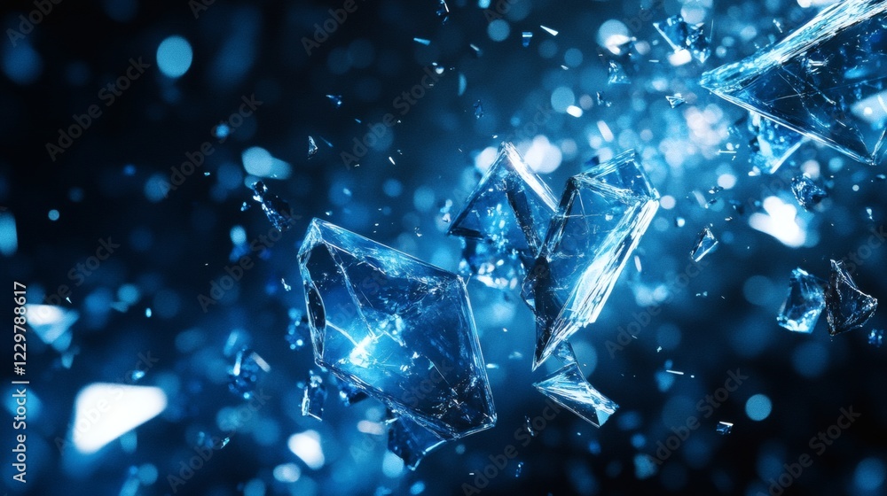 Poster translucent blue glass shards scattered randomly across dark background creating an abstract design 