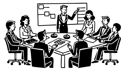 Scrum board meeting. Business team planning tasks, office workers conference and workflow plan flowchart cartoon vector