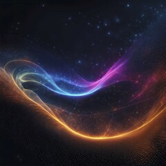 Fototapeta premium Flowing digital artwork with glowing blue, pink, and orange waves and particles on a dark background, AI generated