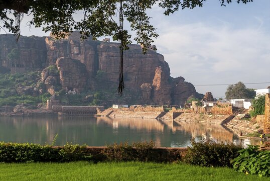 South fort and Agastya lake in Badami, Karnataka, South India, India, Asia. Asia, Asia