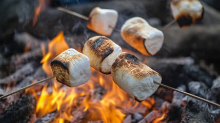 Evening campfire gathering roasting marshmallows at a peaceful campsite surrounded by nature under a clear sky