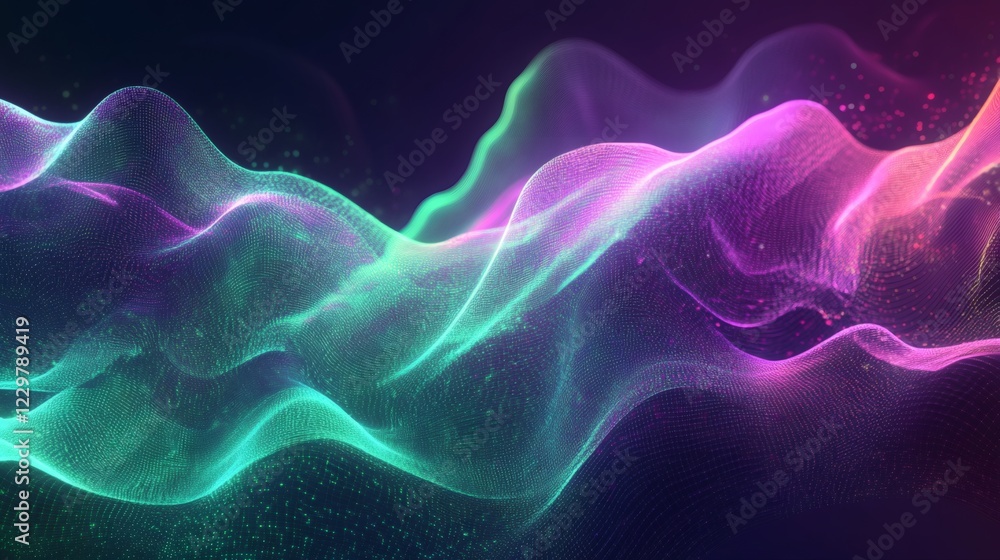 Poster ultraviolet neon green wave patterns with abstract digital gradients and glowing textures forming a 