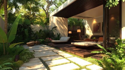 Relaxing Patio Oasis with Lush Greenery and Modern Design