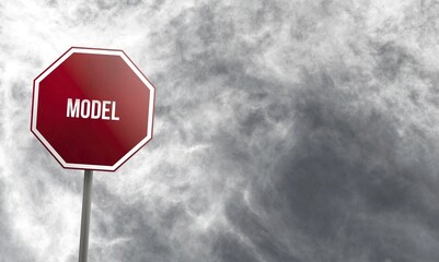 Model, red sign with clouds in background