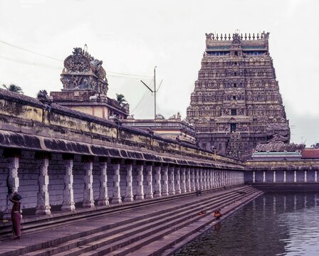 Nataraja temple north tower with tank in Chidambaram, Tamil Nadu, India, Asia