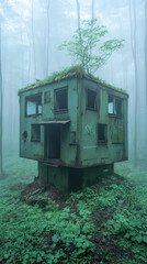 Foggy forest, abandoned cube house, nature reclaiming