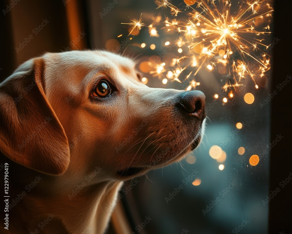 Poster charming labrador dog gazing at sparklers through window with bokeh effect, capturing the essence of