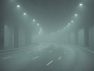 Foggy highway curve at night