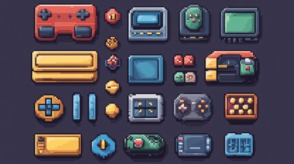 Pixel Art Video Game Buttons Vector Illustration for UI Design with Retro Gaming Controller Interface Icons in Flat Style