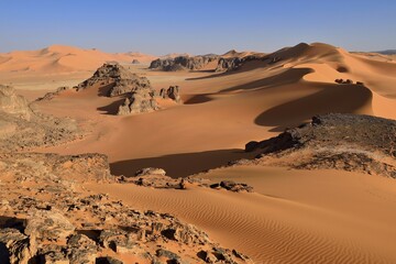 Sanddunes and rock towers at Ouan Zaouatan, Tadrart, Tassili n´ Ajjer National Park, Unesco World...