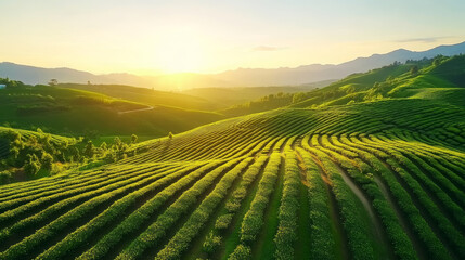 Fototapeta premium breathtaking view of tea plantation at sunrise, showcasing lush green hills and rows of tea plants. golden light enhances serene landscape, creating peaceful atmosphere
