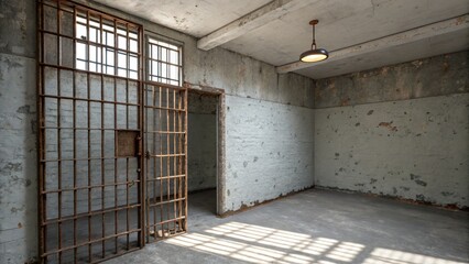 Dark Prison Cell, Bars, Concrete, Justice, Crime Scene, Stock Photo