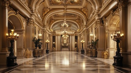 Fototapeta premium A grand hallway with a polished marble floor and luxurious gold decor.