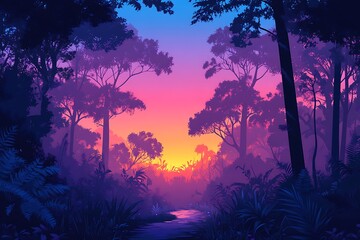 Serene Sunset in the Lush Tropical Forest